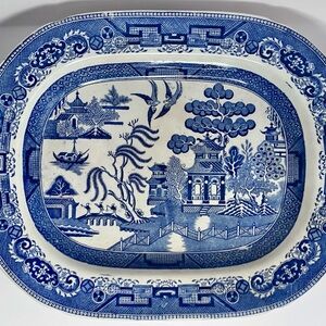 1909 BLUE WILLOW Antique Platter / RIDGWAY CHINA Staffordshire / 15.5 Inch Oval